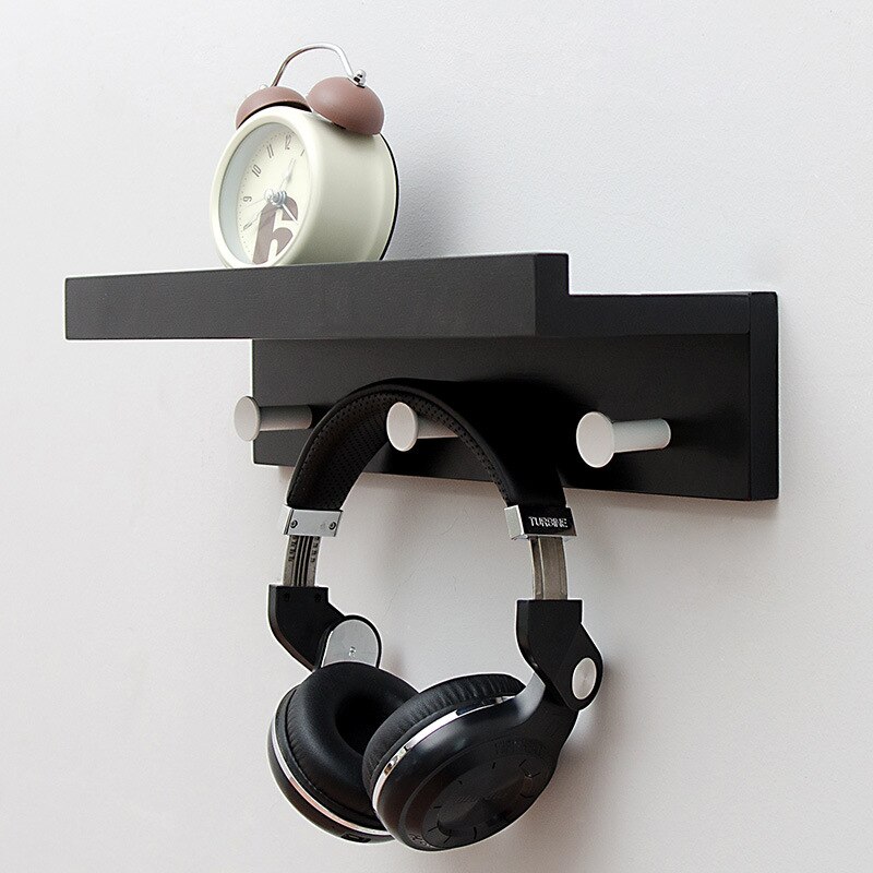Estante de madera para pared, tablero de partición de hierro para dormitorio, estante de almacenamiento colgante montado en la pared, gancho para decoración del hogar, sala de estar: Black3