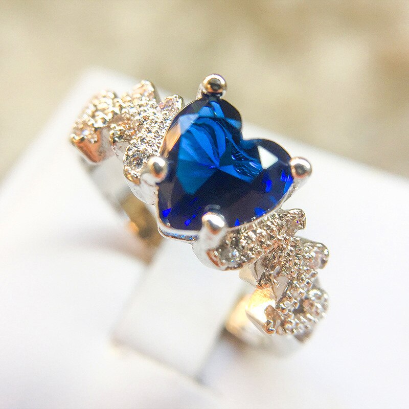 neue Frauen Mädchen GrüNe Herz Ring Silber Farbe CZ Stein Finger Ring Jahrgang Party Hochzeit Schmuck Mama: 8 / Blau