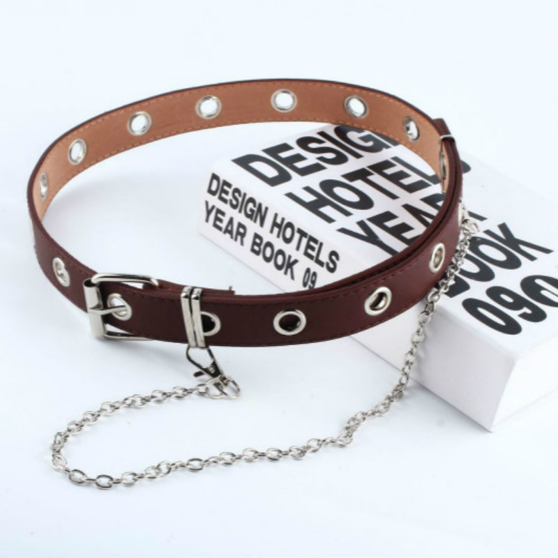 Vrouwen punk ketting riem verstelbare zwarte dubbele/enkele oogje ring leren gesp riem: Enkelekoffie
