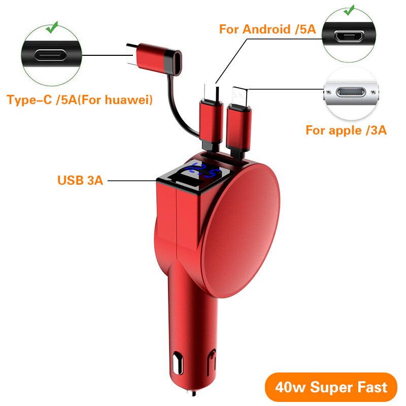 Drei-in-eins-autoladegerät mit zwei ausziehbaren kabeln 60w schnellladeadaptern und einem usb-c-anschluss für iphone und android.