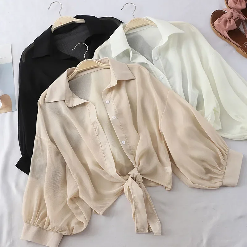 Blusa informal holgada de gasa con media manga para mujer, camisa con botones, cintura atada, primavera y verano, 9776