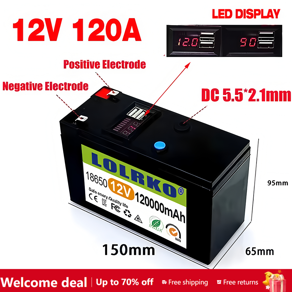 Uppgraderat lifepo 4 litiumbatteri 12v, 120ah bärbart uppladdningsbart batteri inbyggt -in 5v , 2.1a usb-strömförsörjning displayport-laddning