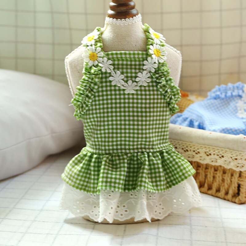 Summer Dog Dress Plaid Clothes For Small Dog Party Dog Skirt Puppy Flower Lace 3 Color XS S M L XL