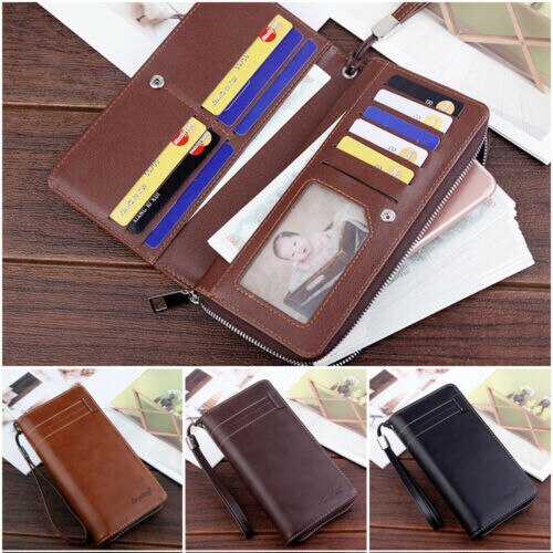 Herre lang læder bifold pung id-kortholder clutch checkhæfte taske smart pung mini slim kort pung punge til mænd