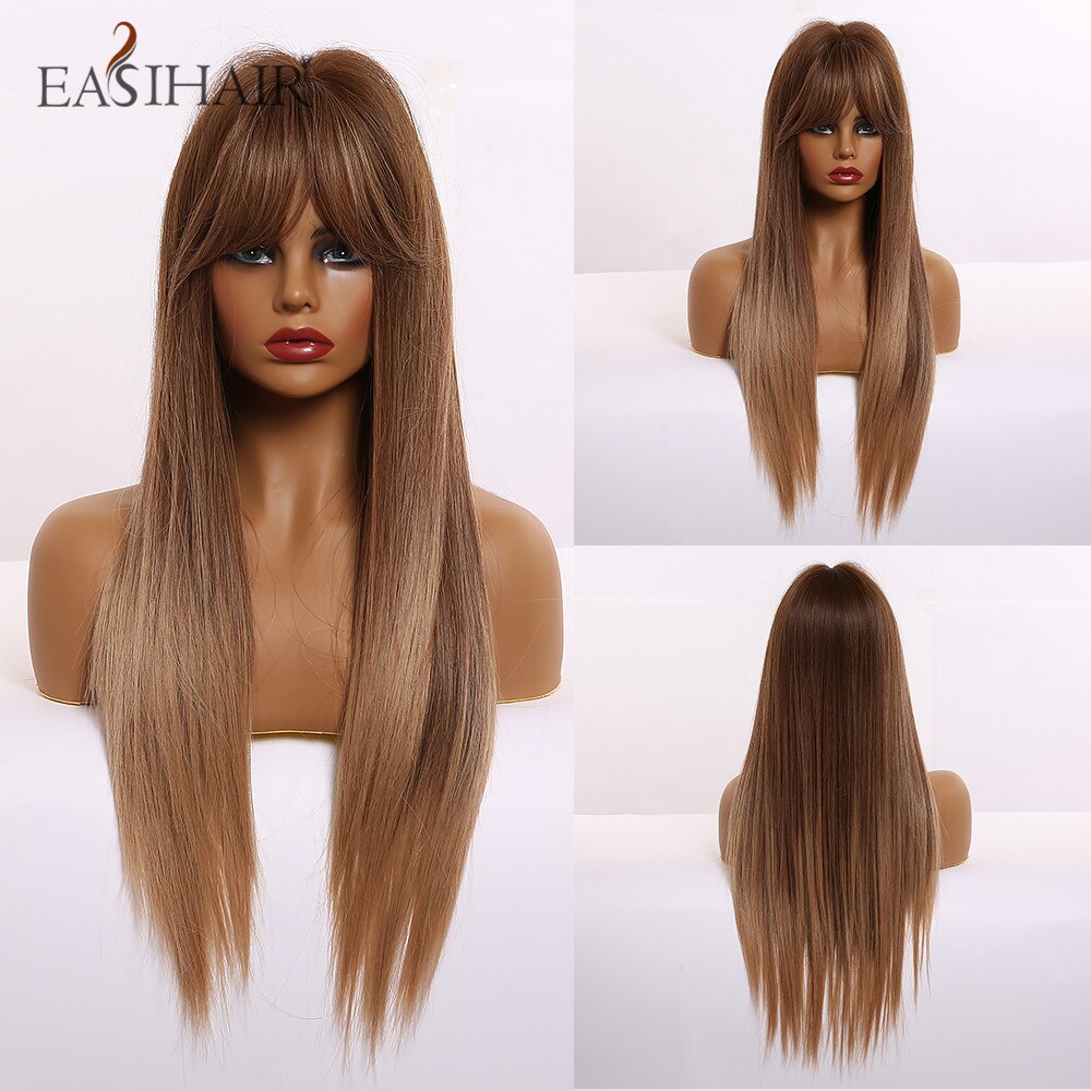 EASIHAIR, pelucas largas rectas de color negro a marrón con flequillo, pelucas sintéticas de pelo Natural, pelucas de Cosplay diarias, resistentes al calor: LC244-1