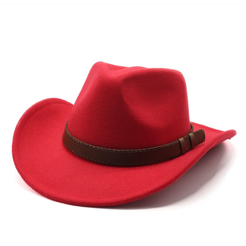Women's Men's Winter Wool Western Cowboy Hat With Belt Cowgirl Jazz Toca Sombrero Cap Godfather Cap: Red