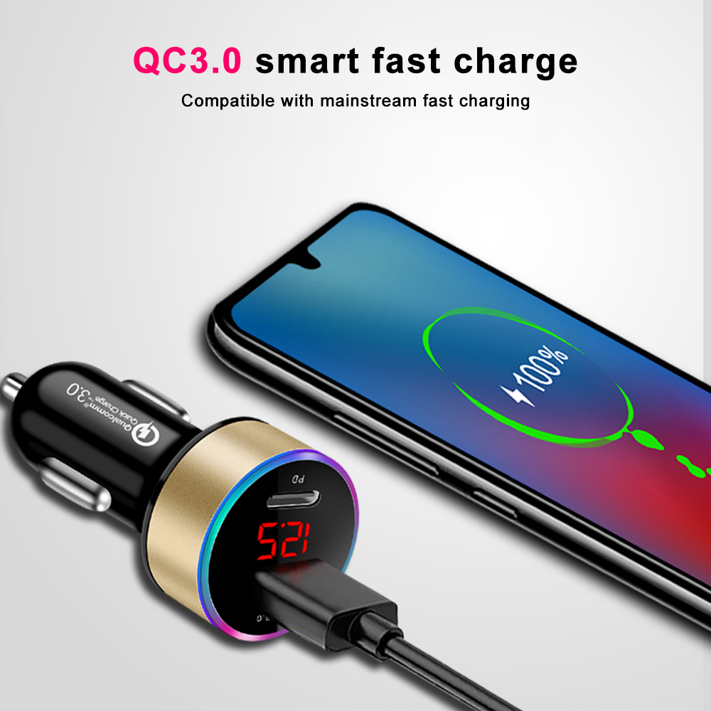 Cargador de coche Universal QC 3,0 PD, salida USB Dual para Huawei P10 Plus Mate 9, Xiaomi Mi5 Mi6 Plus, pantalla Led de voltaje