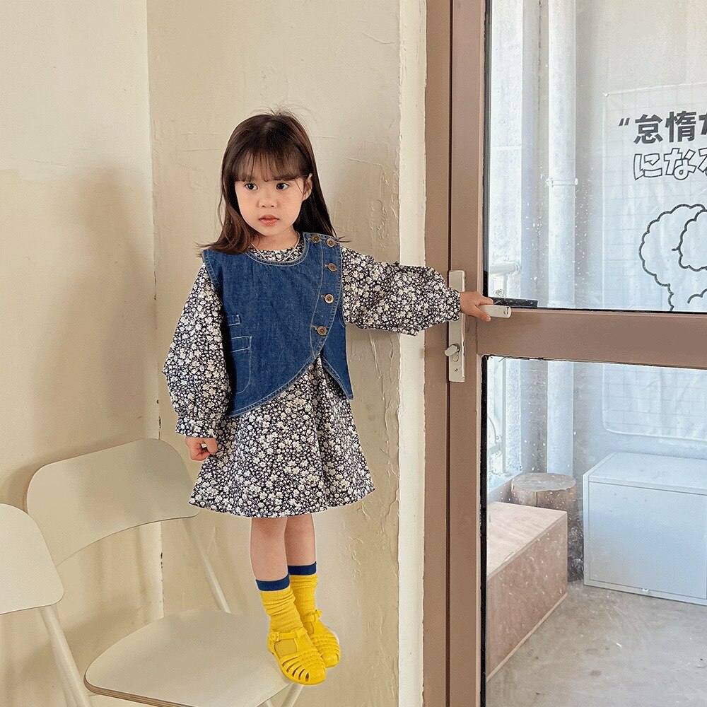 2022 wiosna nowa dziewczyna kamizelka dżinsowa dziewczynka bez rękawów dżinsowa sweter rozpinany zwykły dzieci księżniczka sukienka kwiatowa modne ubrania dla dziewcząt