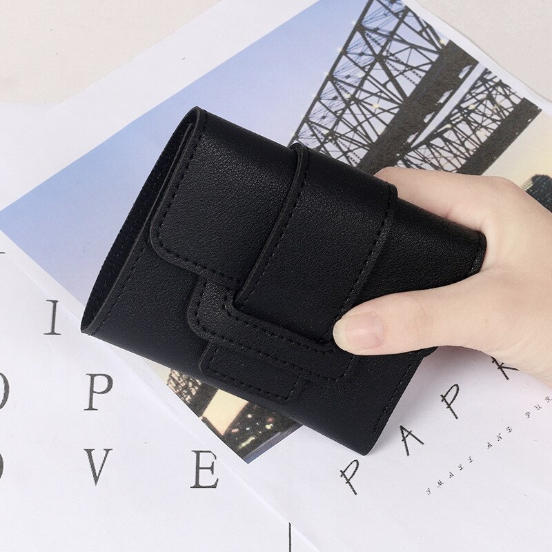 Leisure Casual Solid Color Pull-belt Three Fold Women's Wallet Women's Purse Clutch Students Short Wallet For Female: Black