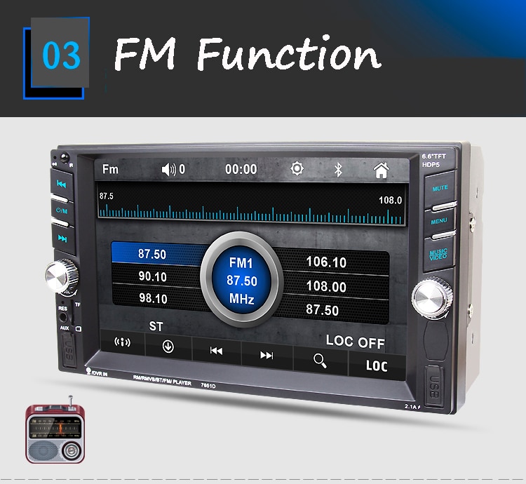 2 Din Bluetooth Car Radio 6.6" hand-free USB/AUX/SD 12 languages Touch Screen FM Remote Control Stereo MP5 Player
