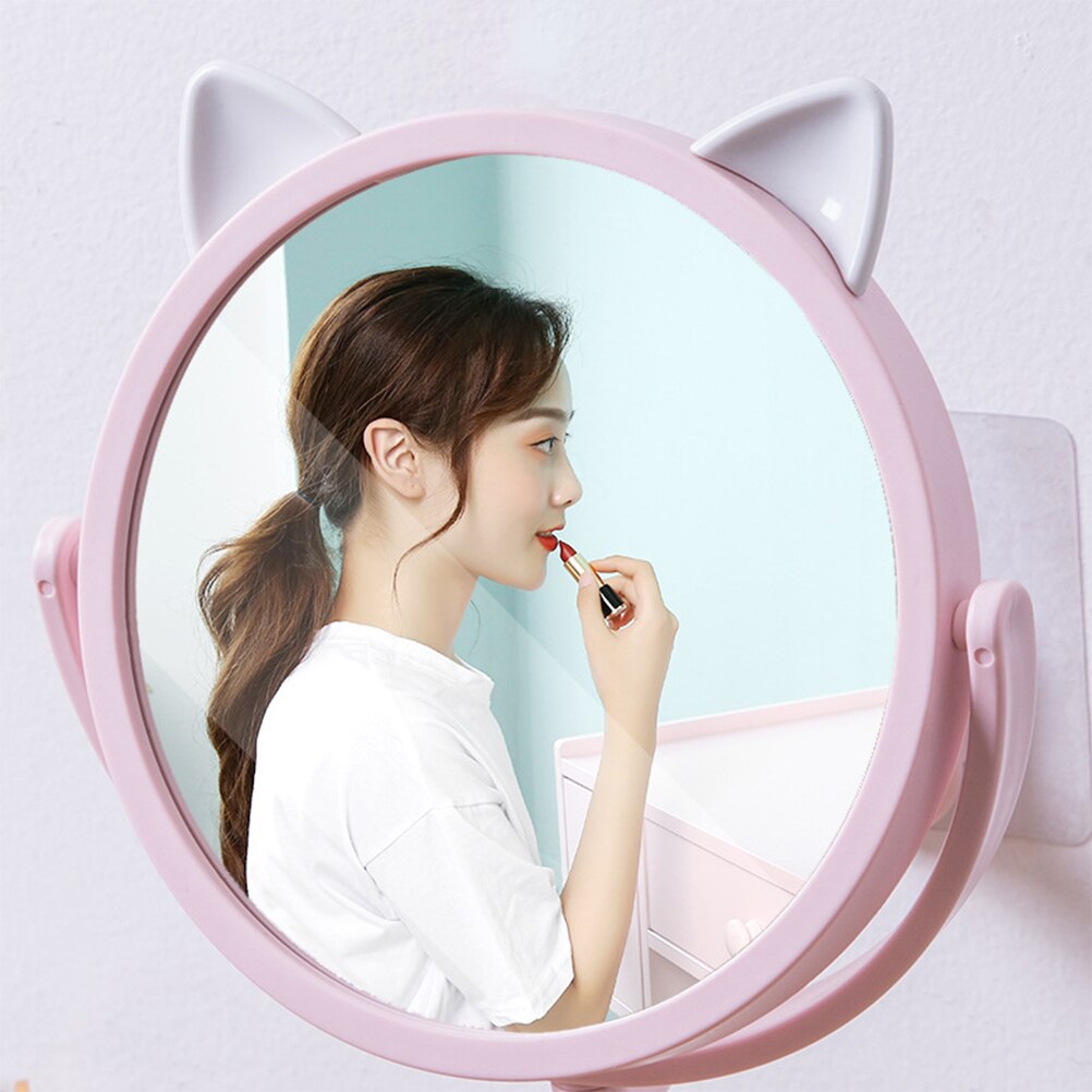 Cat Ear Makeup Mirror Vanity Mirror Spiegel Wall Mounted Cosmetics Mirror Bathroom Makeup Mirror Swivel Vanity Mirror (Pink)