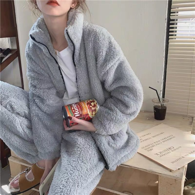Vinter pyjamassæt til kvinder med lynlås rullekrave toppe buksedragter varme dametøj & #39 ;s #39 pyjamassæt hjemmedragt til kvinder: Grå / Xl