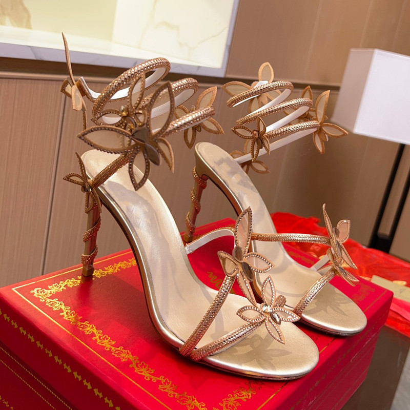 Sandalias de lujo con adornos de cristal y detalle de mariposa para mujer, sandalias de gladiador de tacón alto fino con correa en espiral, zapatos de de verano: Oro / 42