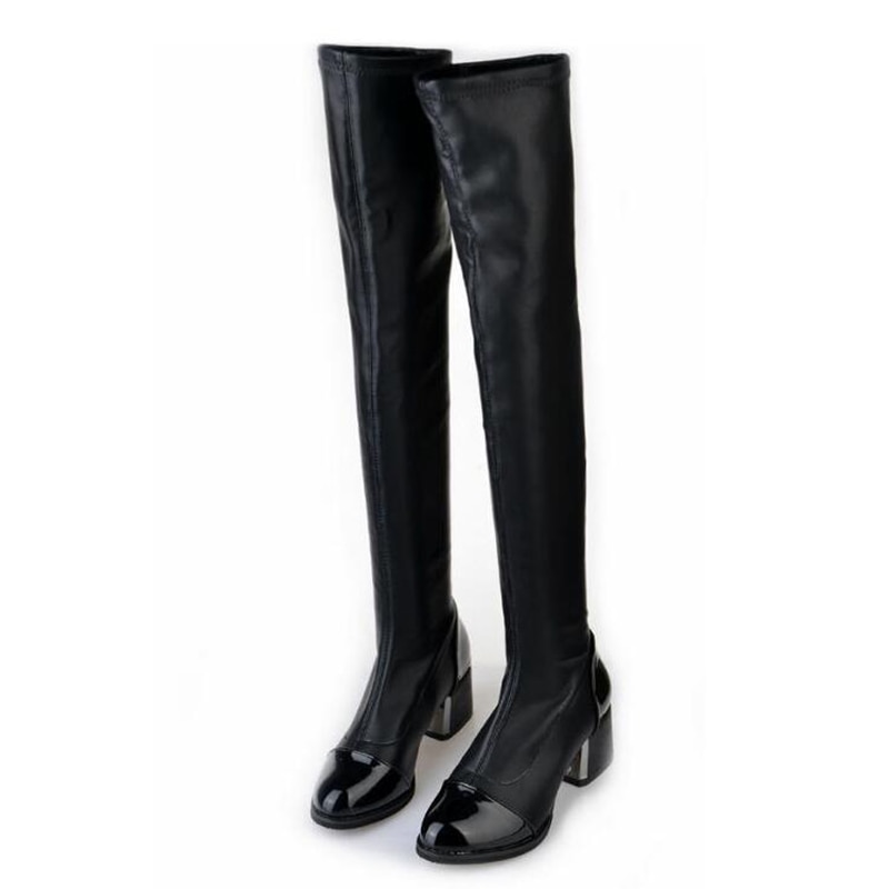 PU Leather Over Knee Boots Women Sequined Toe Elastic Stretch Thick Heel Thigh High Riding Boots Big Size 40