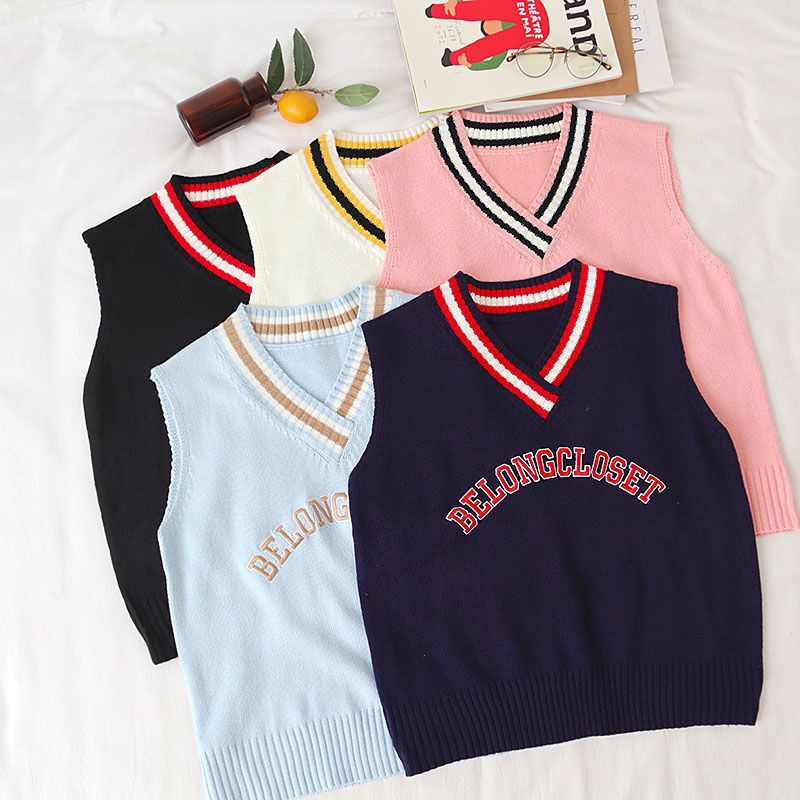 Efterårs koreansk stil preppy bogstaver broderi stribet v-hals strik sweater vest strik ærmeløs pullover vest  t130