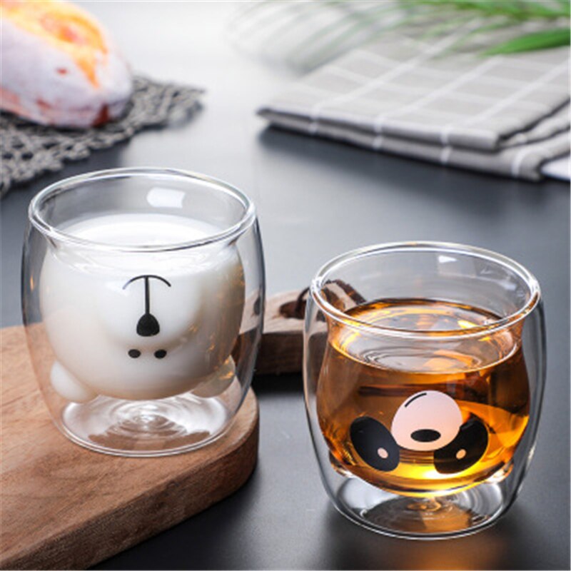 Cute Bear Shaped Double Wall Glass Mug Prevent Scald Cartoon Lovely Double Glass Milk Coffee Cup With Round Mouth Drinkware