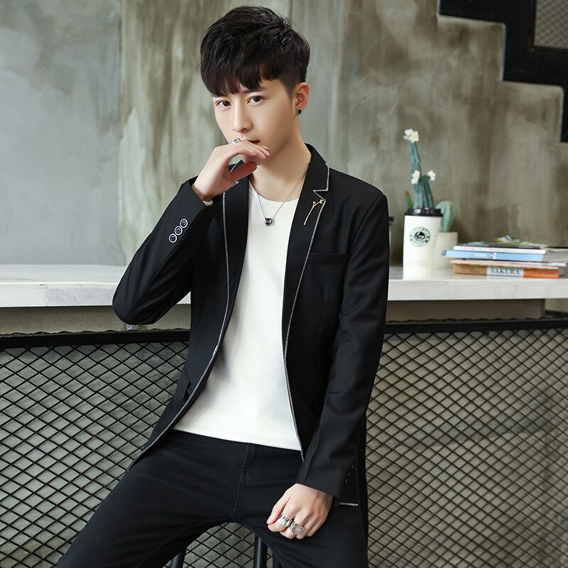 Mens casual blazers pak jasje Witte rand poly viscose Mannelijke kleding voorjaar slanke M-3XL revers pin