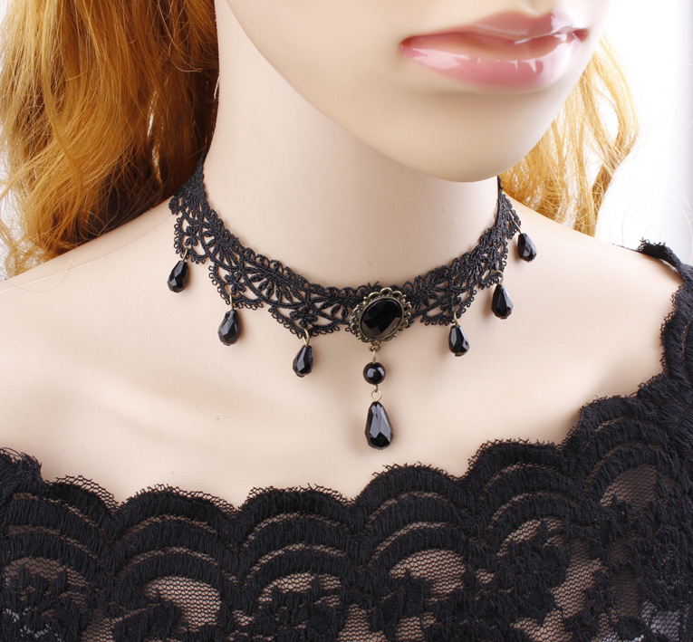 Gothic Victorian Black Lace Necklace Women Girl Boho Crystal Tassel Sexy Choker Steampunk Dark Loli Style Halloween Jewelry: Imitation Rhodium Plated