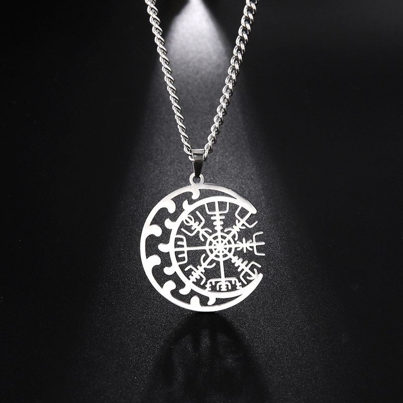 Collares de brújula vikinga de acero inoxidable para hombres, amuleto de runas nórdicas, colgante de Vegvisir, joyería de Luna Supernatural