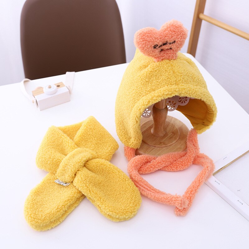 Girl's hat autumn winter ear cap children's scarf hat set foreign style baby lamb cashmere love tie up hat kids hats: 2