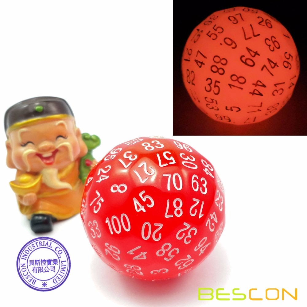 Bescon Gloeiende Polyhedrale 100 Zijden Dobbelstenen Cerise Rood, Lichtgevende D100 Dobbelstenen, 100 Zijdige Kubus, glow In Dark D100 Spel Dobbelstenen