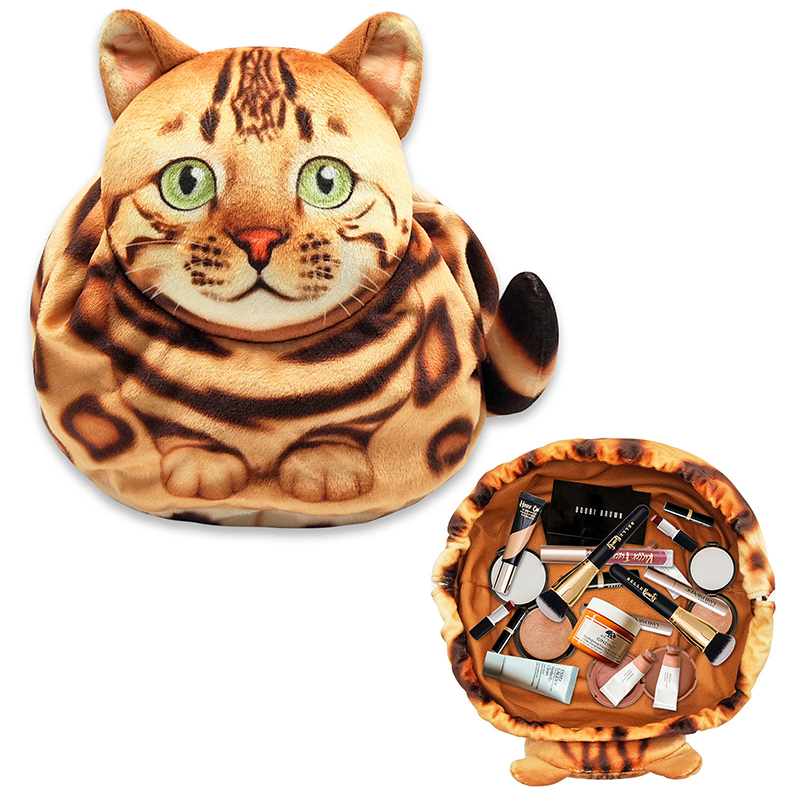 Leuke kat make-up tas trekkoord sluiting 3D kat hoofd platte cosmetische tas cadeau voor vrouwen kattenliefhebbers reisorganisator tas: Sky Blue