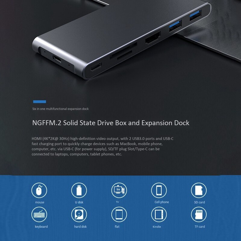 Caja de disco duro móvil, estación de acoplamiento 6-1 Hdmi Hd Notebook Ssd, caja de unidad de estado sólido adecuada para computadora, teléfonos móviles