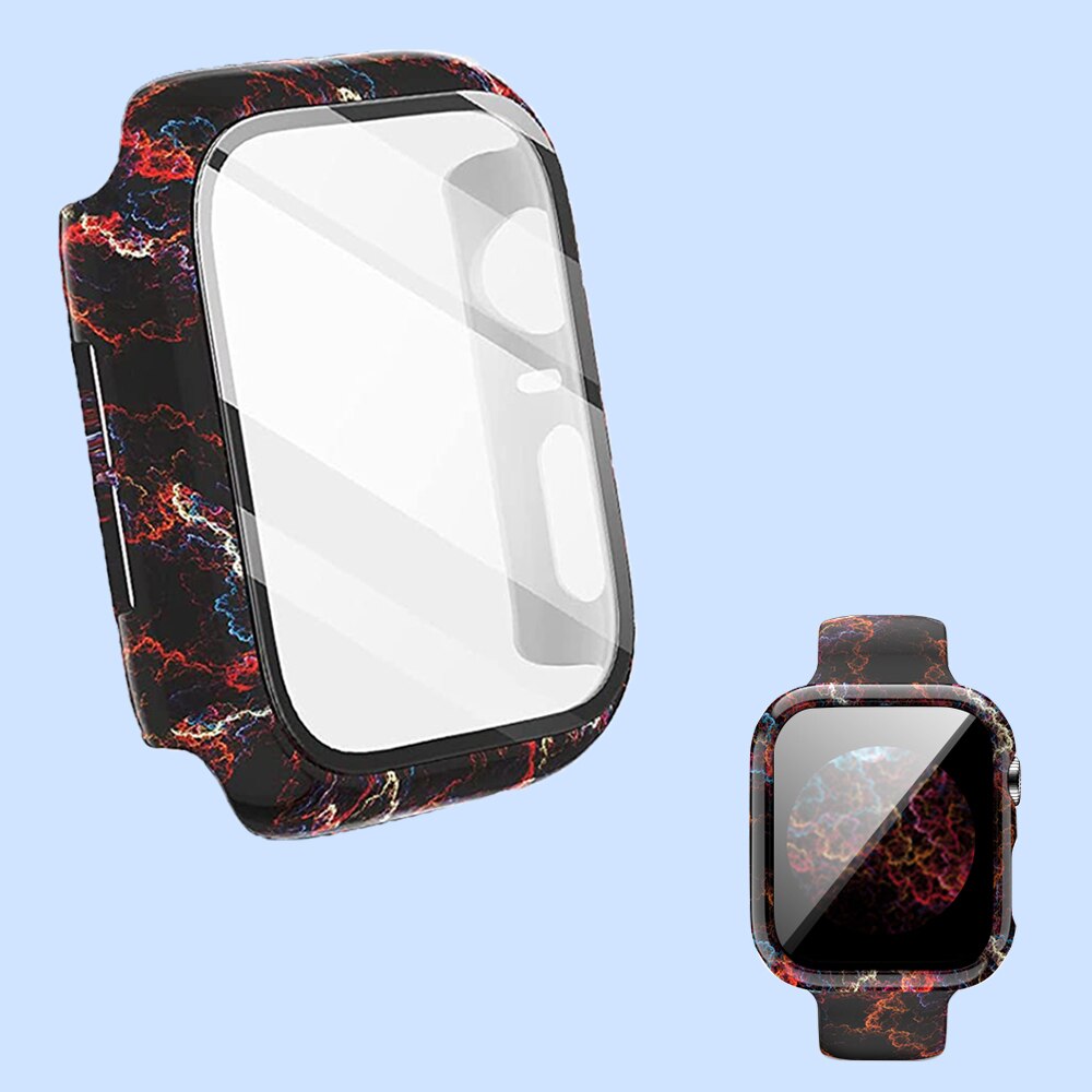 Funda + cristal para Apple Watch 44mm 40mm 38mm 42mm, cubierta protectora de leopardo de para parachoques de PC duro para iWatch SE 6 5 4 3 2 1: KAF2 / 9 pulgadas