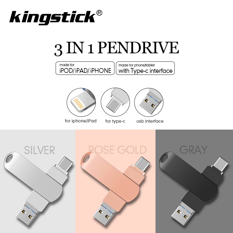 hotsale TYPE C 3in1 USB Flash Drive 64GB Pen Drive 32GB 16GB 8GB Pen Drive package for iPhone