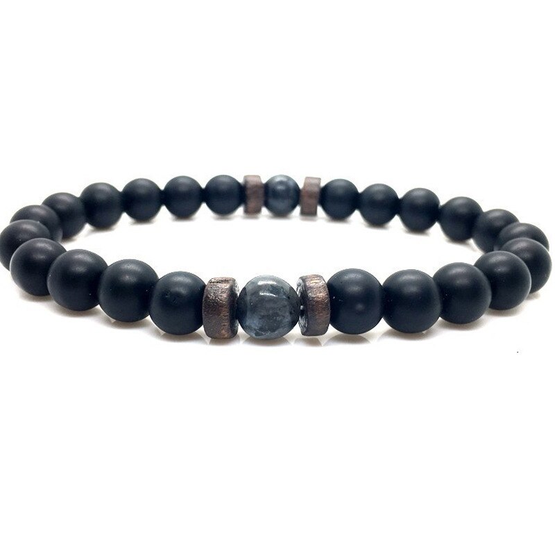 Pulsera de piedra volcánica para hombre, brazalete con cuentas negras, cuerda elástica, , joyería: E