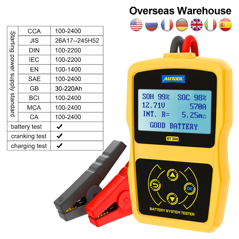 AUTOOL BT360 12V Car Battery Tester Cranking Charging Test nalyzer Digital Auto Automotive Diagnostic Batterys Analyze BT-360
