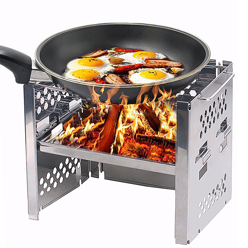 Rostfritt stål vedeldad campinggrill picknick bbq spis bärbar hopfällbar backpacking spis grill för utomhusbruk