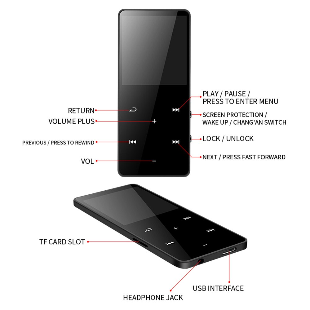 MP4 Player with Bluetooth Speaker Touch key 16GB-128GB HiFi Portable Walkman with FM Radio Recording Music Player