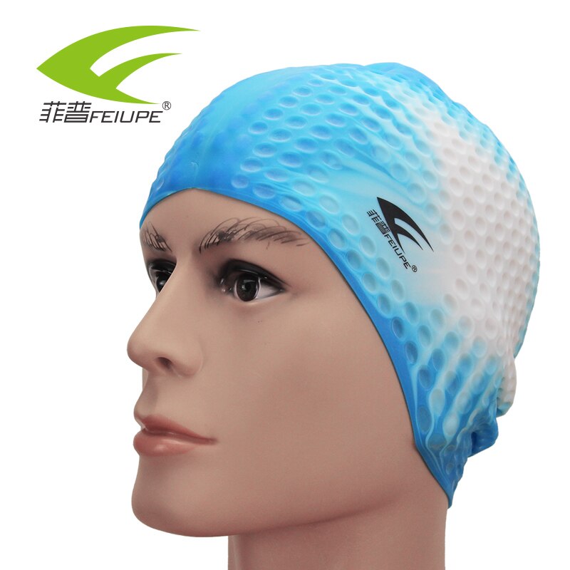 Badehætter til svømmehætte silikone beskytte øre langt hår sommer tilbehør til strandhoveddæksel bonnet de bain vandtæt: Blåhvid