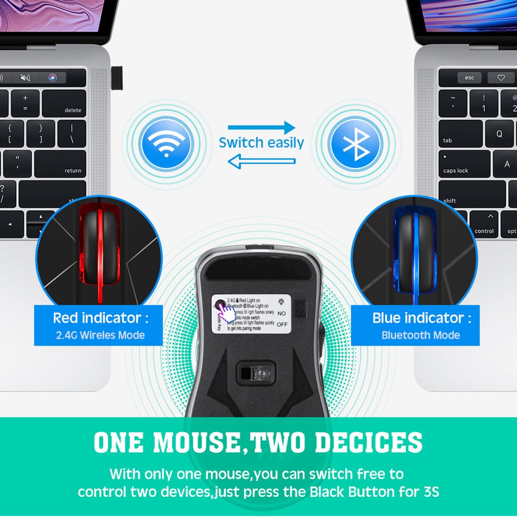 CARPRIE Wireless Mouse - Rechargeable Ergonomic 2.4GHz USB Bluetooth Optical Mouse for Laptop PC Gaming