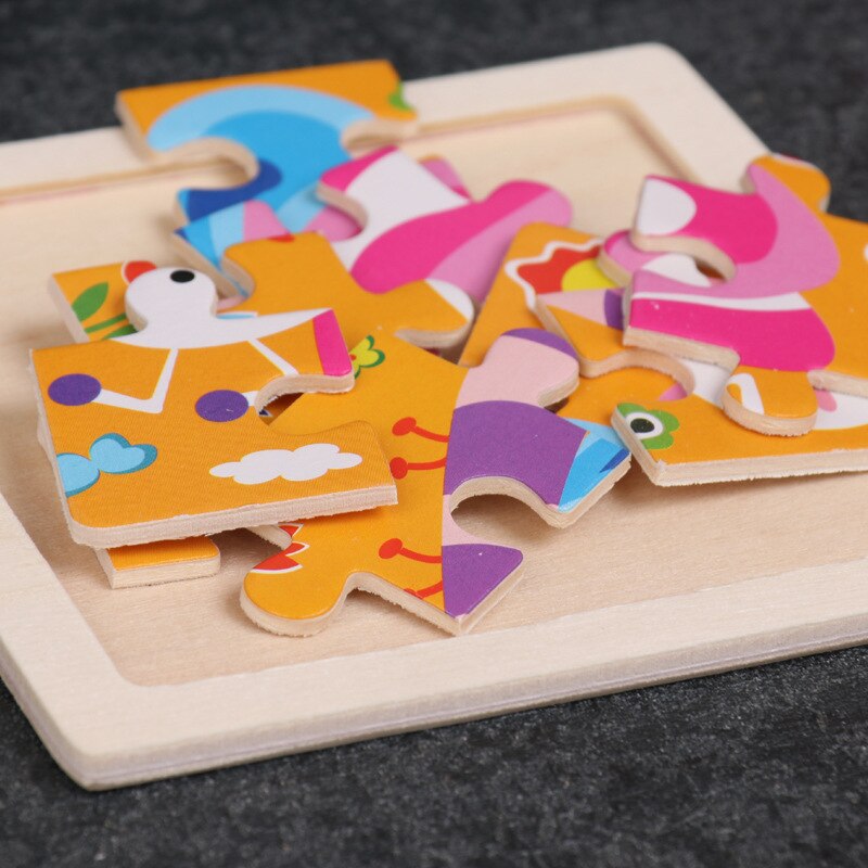 Puzle de madera de juguete para niños, 9 piezas, 3D, mini tamaño, dibujos animados, animales, tráfico, tangram, puzzle, educación