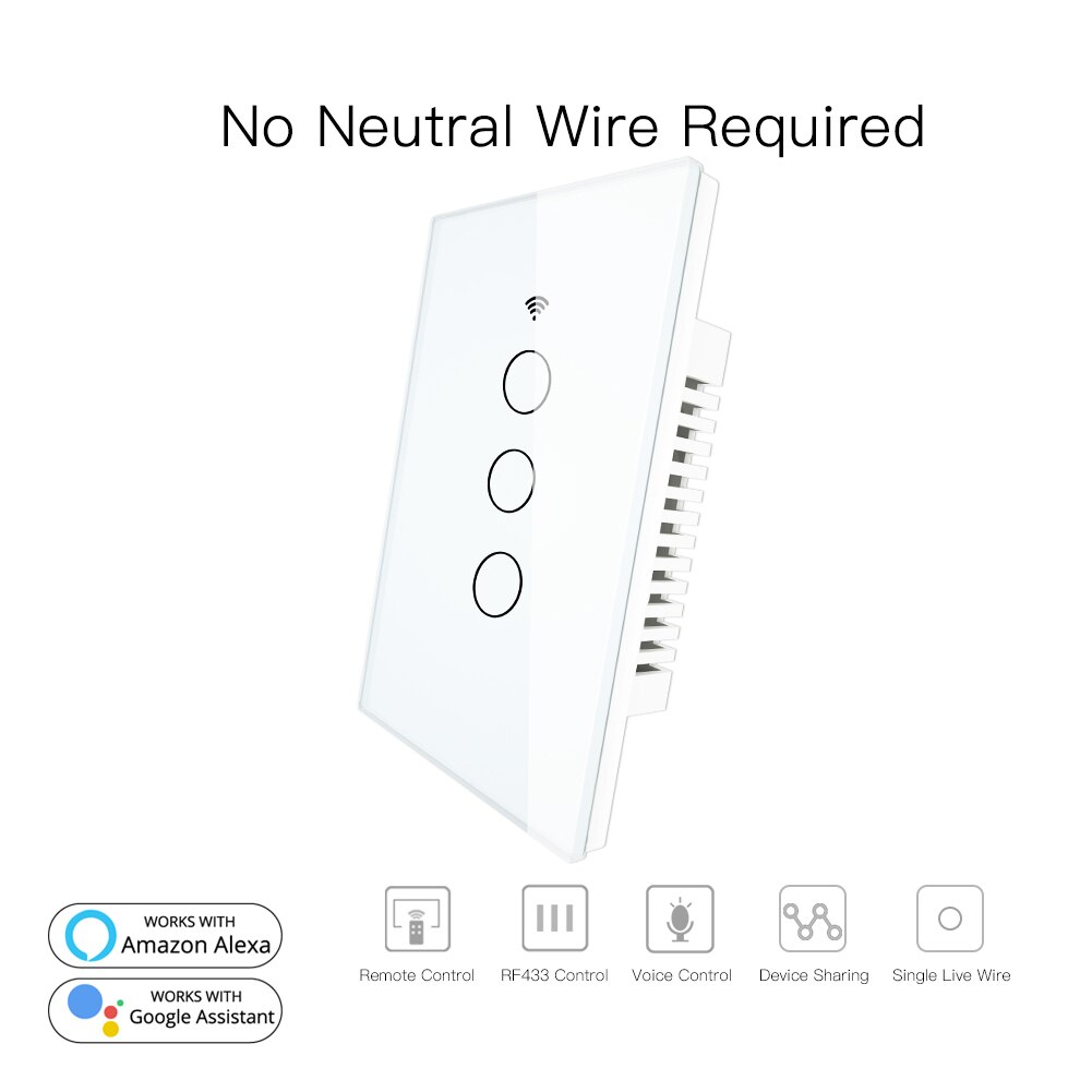 Rf433 wifi smart wall touch switch ingen neutral ledning nødvendig smart single wire wall switch arbejde med alexa google home 170-250v: 3 bande hvid