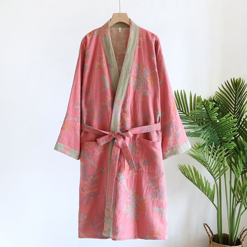 Batas de algodón puro para mujer, albornoz de manga 3/4 para primavera y otoño, batas de mañana estampadas para mujer, ropa holgada para el hogar, batas para dormir: L / Caqui