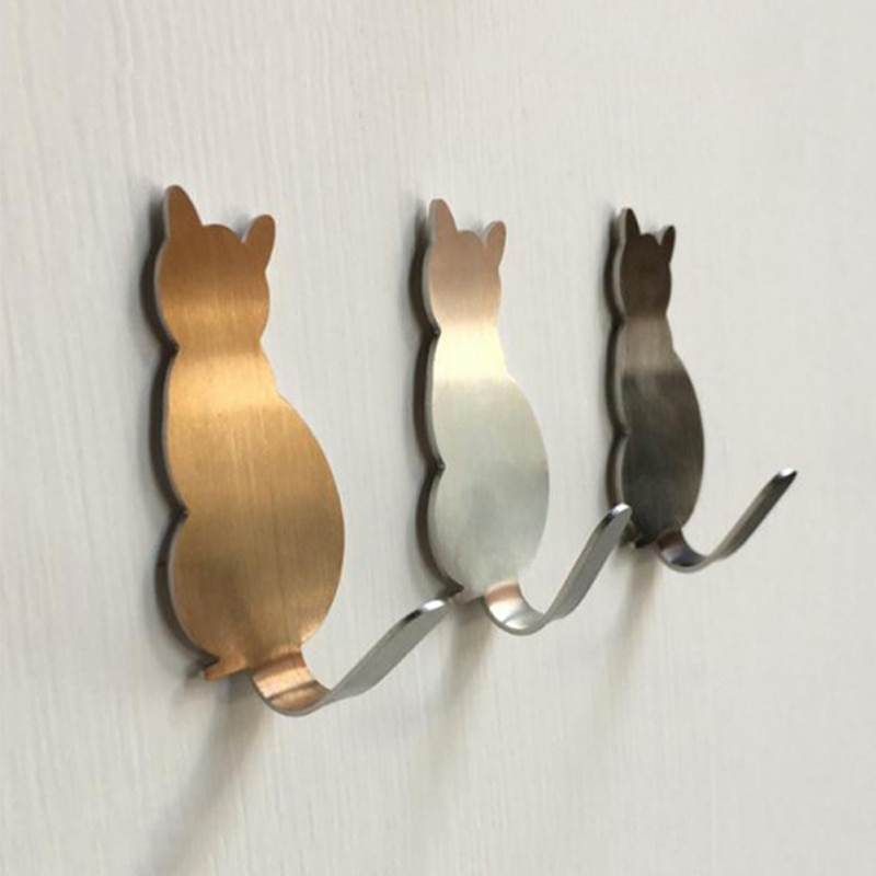 Porte-clé mural en forme de chat, 2 pièces, en acier inoxydable, décoration d'intérieur, crochets, porte-serviettes