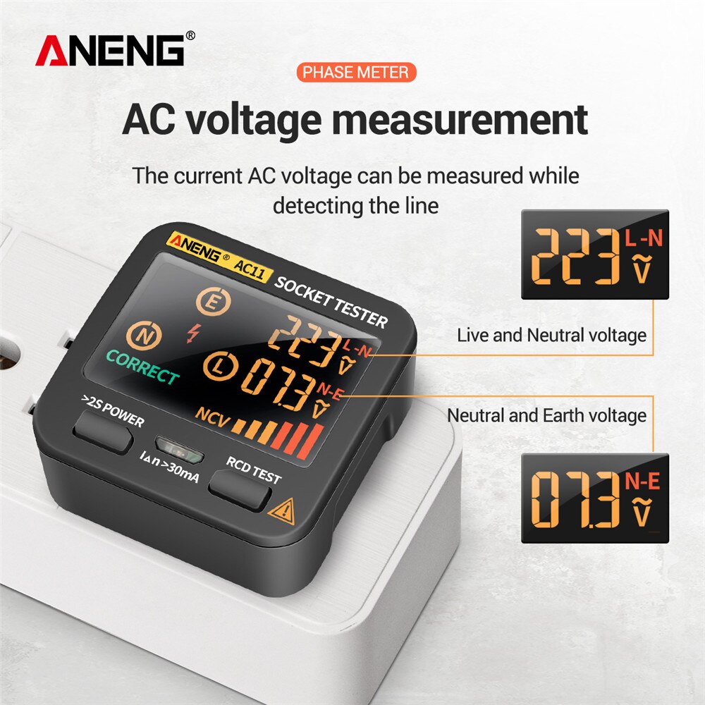 ANENG AC11 Socket Tester Electric Leakage Detector LCD Ground Zero Line Live Wire Phase Electroscope RCD NCV Electric Tester