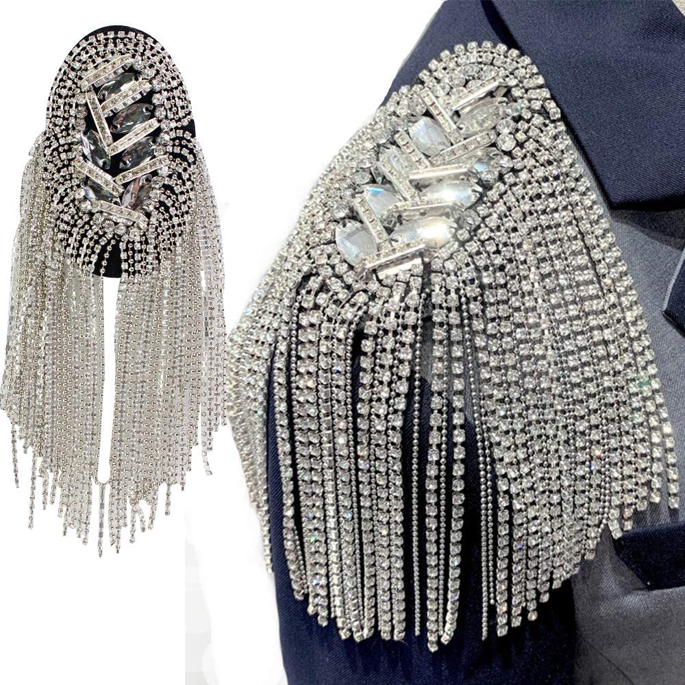 Kostuum Crystal Schoudervullingen Decor Voor Man Vrouwen Jurk Accessoires Handgemaakte Luxe Kwastje Epaulet Rhinestone Schouder Board: Silver / 1PCS