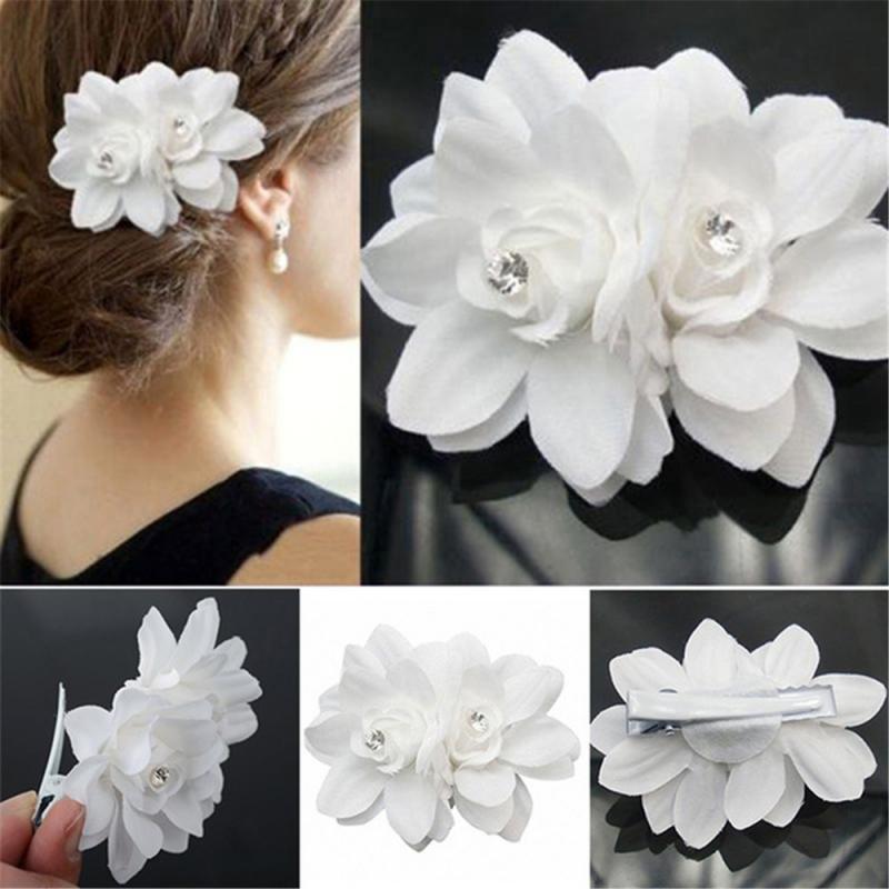Women White Crystal Flower Hair Clip Bride Wedding Clip Hair Jewelry