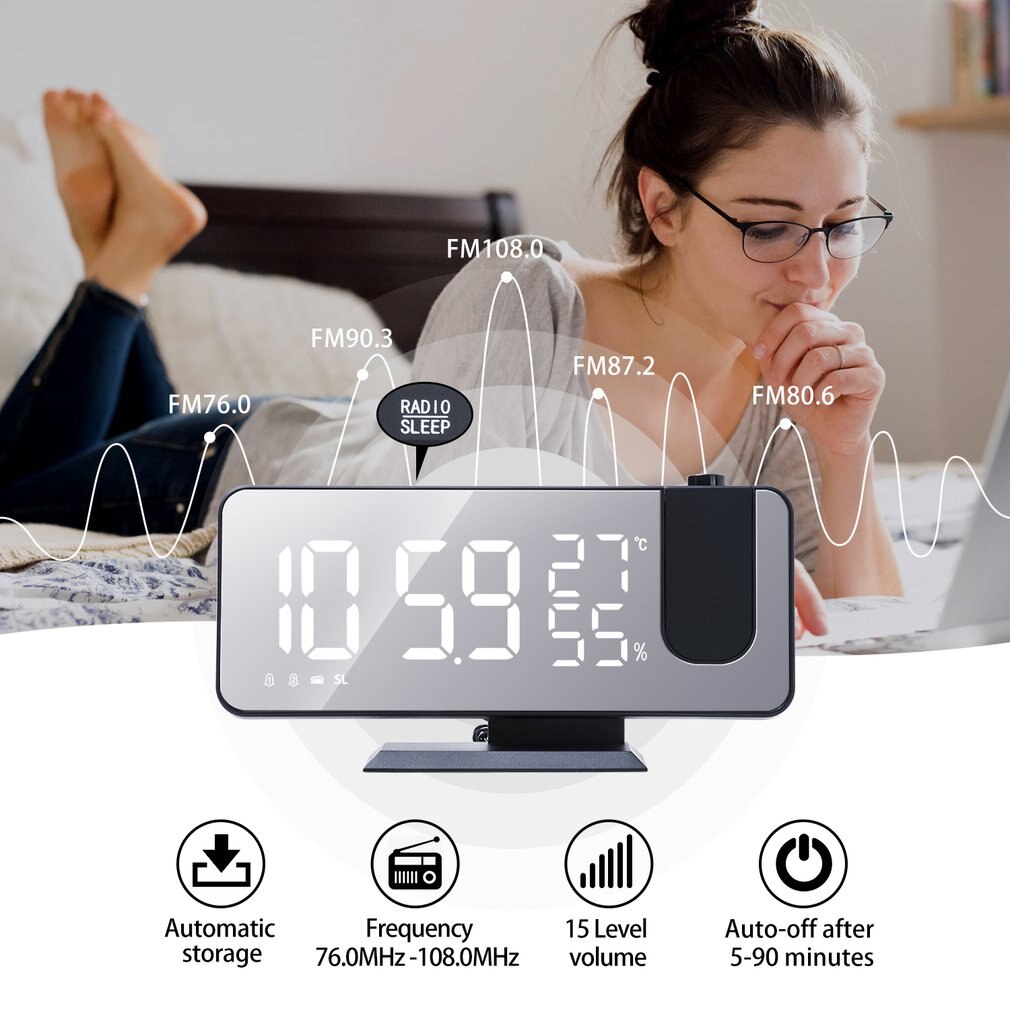 LED Large Screen Display Temperature And Humidity Electronic Clock Radio Multifunctional Projection Alarm Clock