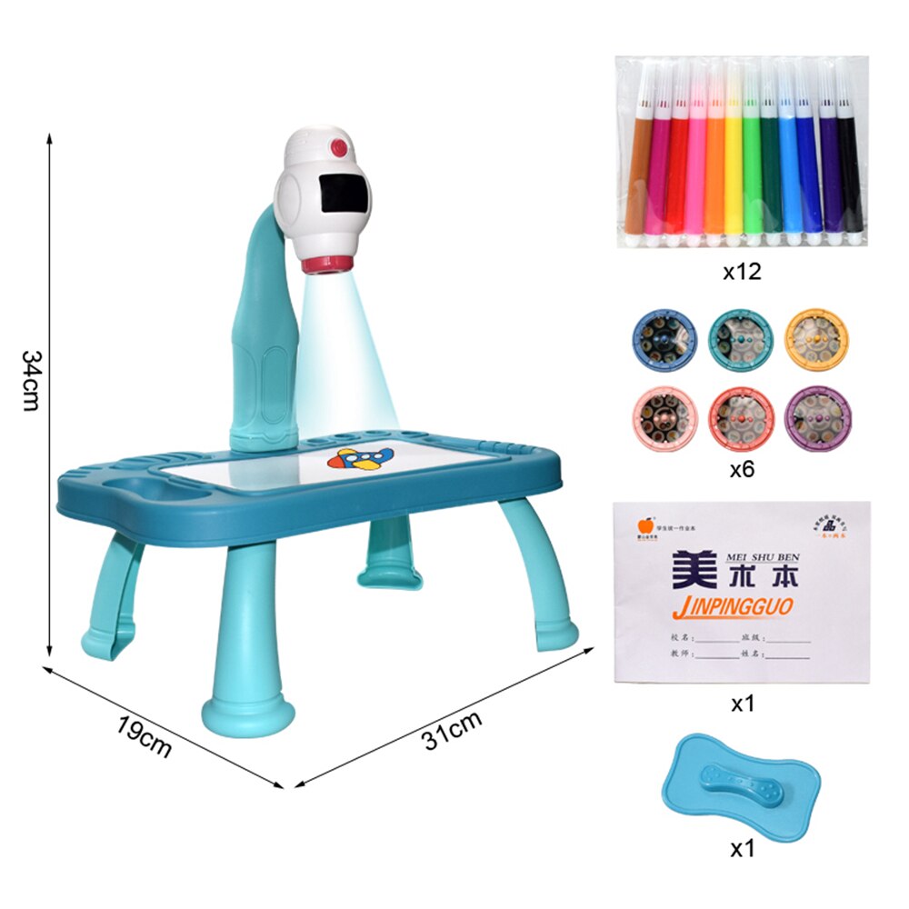 Kids Projector Drawing Table Painting Board Desk Multifunctional Writing Arts Crafts Educational Projection Machine Drawing Toy: E blue