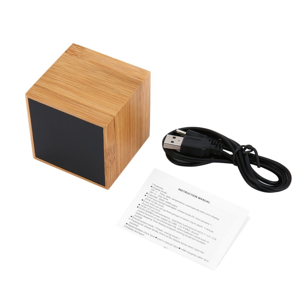 Sound control LED Digital Alarm Clock 3 Brightness USB Chargeable Bamboo Cube Clock Desktop Desk LED Clock Home Office Travel