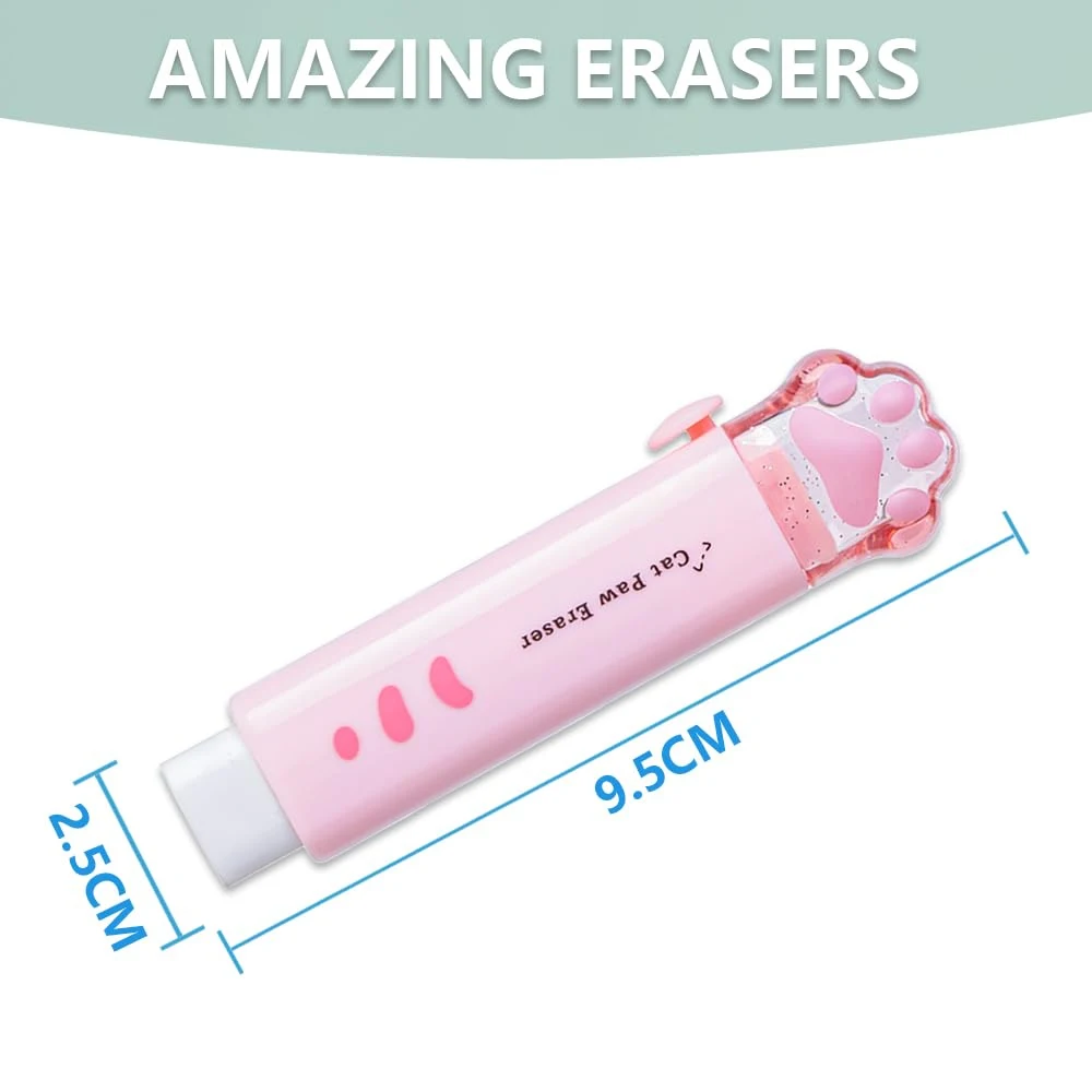 1-8Pcs ! Kawaii Cat Paw Rubber Erasers Retractable Pencil Eraser for Kids Students School Home Office Writing Drawing