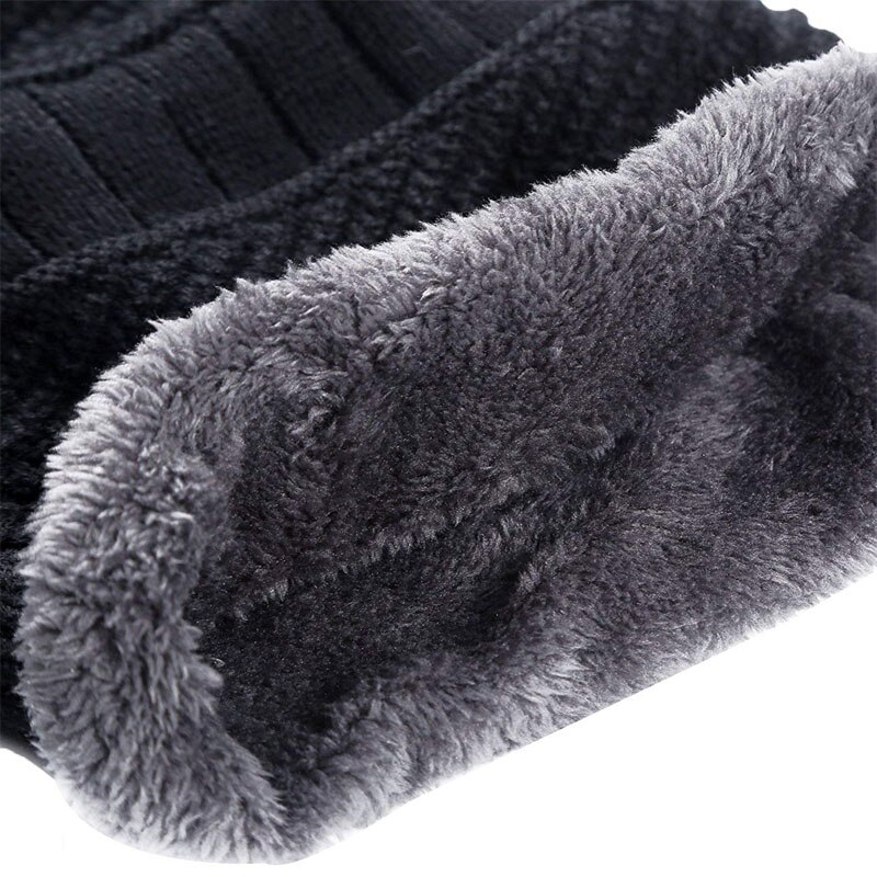 Men Warm Winter Knitted Beanie Hat Fleece Sullies Cap Black Male Casual Thick Soft Head Warmer