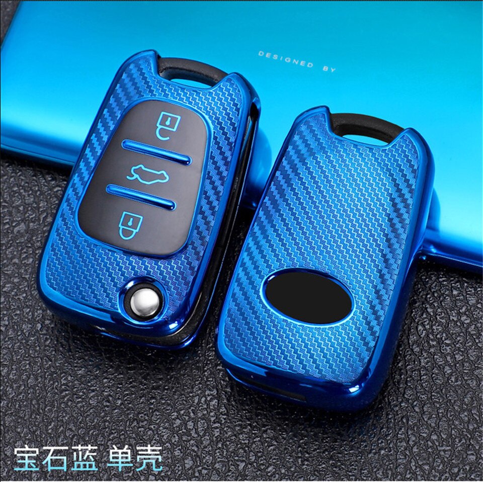 3 boutons en Fiber de carbone TPU voiture à distance clé à rabat housse coque gousset pour Hyundai I30 IX35 Verna pour KIA Sportage Sorento Rondo Soul RIO: Blue