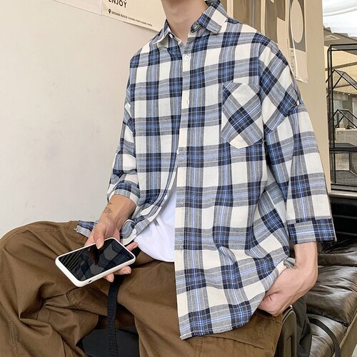 Harajuku-camisas a cuadros para hombre, ropa de calle masculina, sencilla, informal, holgada, de tres cuartos, combina con todo, estilo coreano: blue / XL