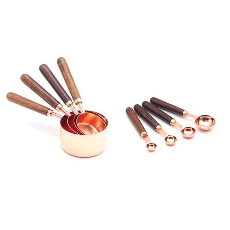 8pcs/Set Walnut Handle Copper Plating Measuring Cup Spoon Cake Sugar Tools Set Dining Bar Baking Tools